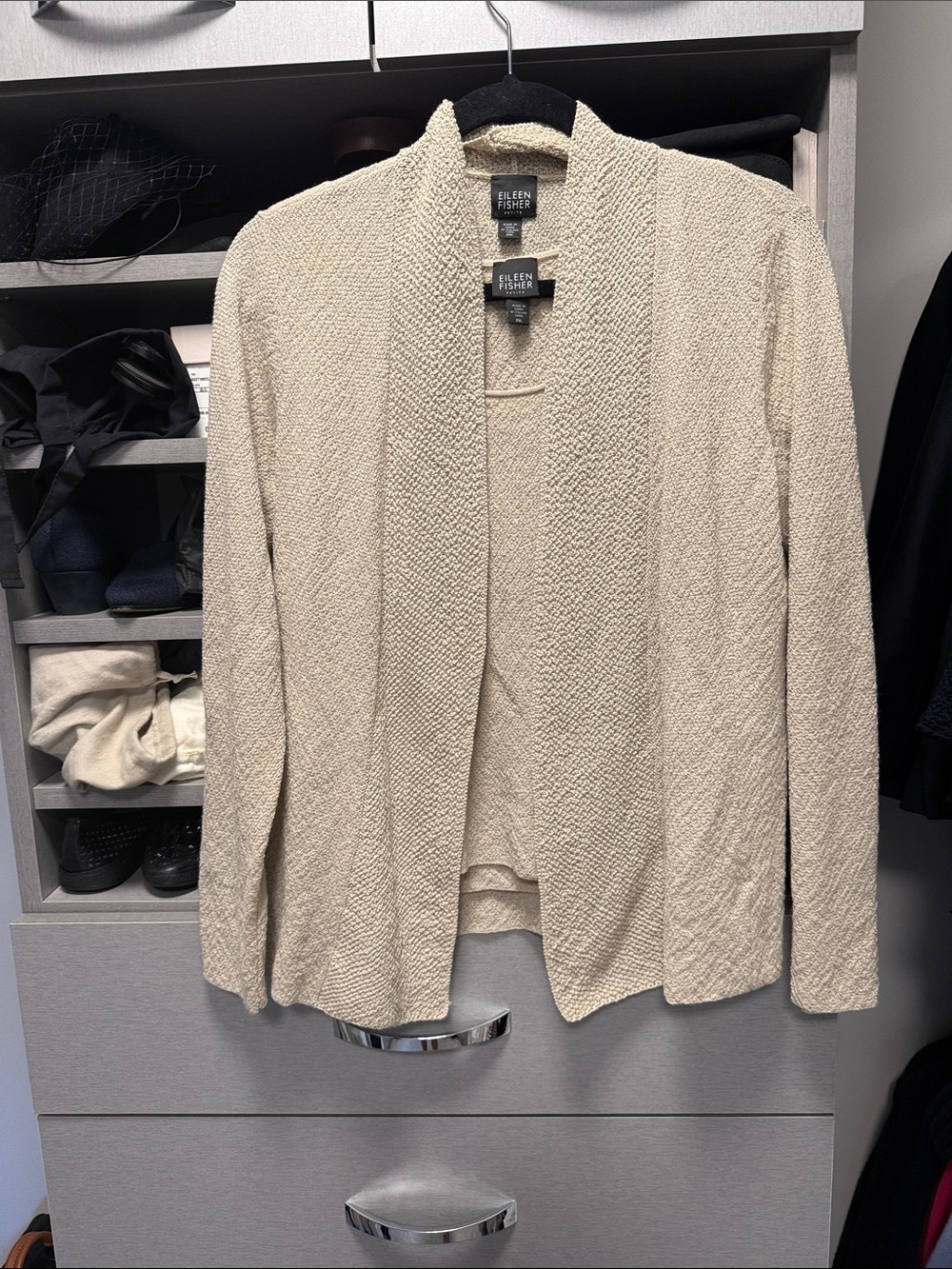 Eileen Fisher Cream Open-Front Textured Blazer with scoop neck tank top petite m